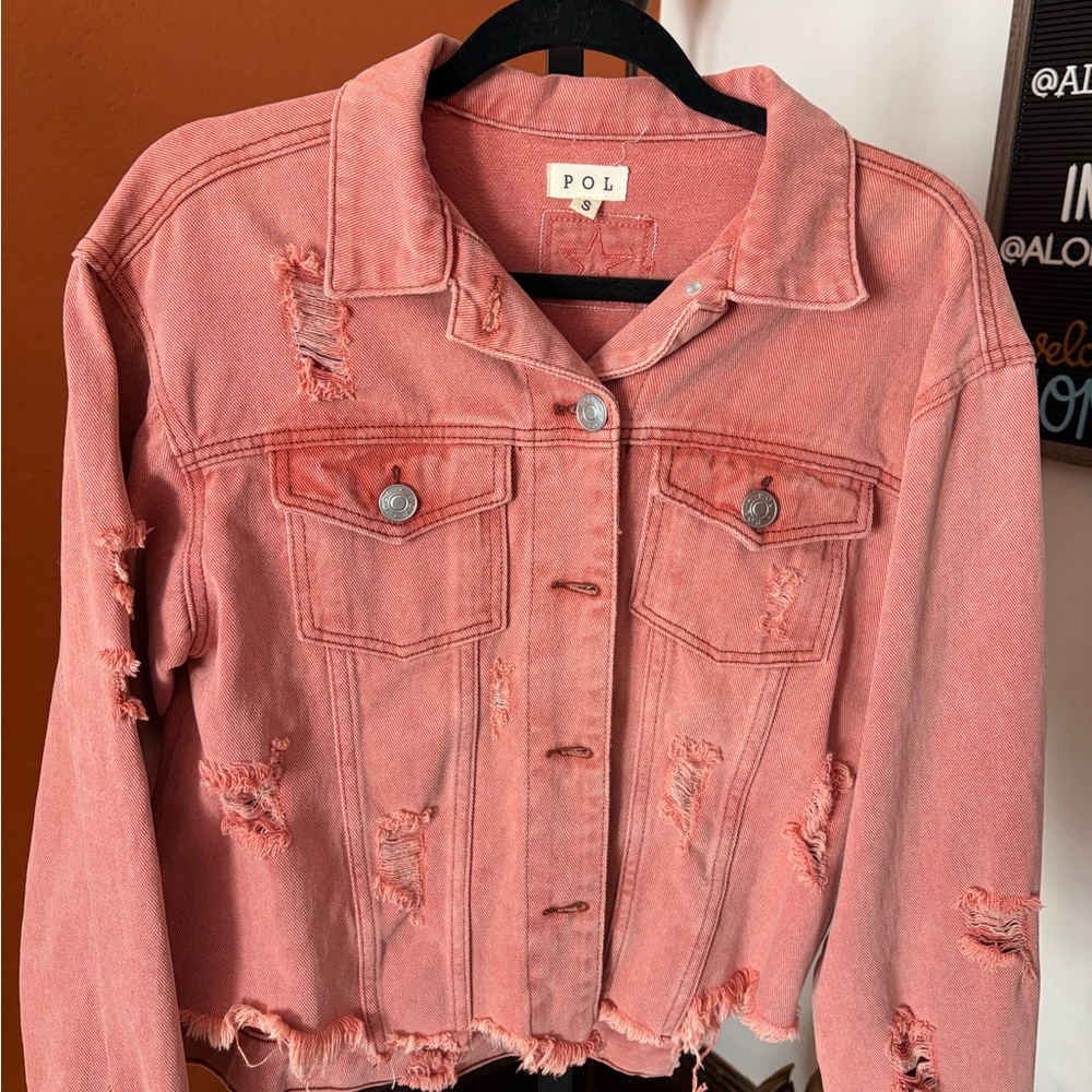 POL Women's Pink Distressed Jean Jacket